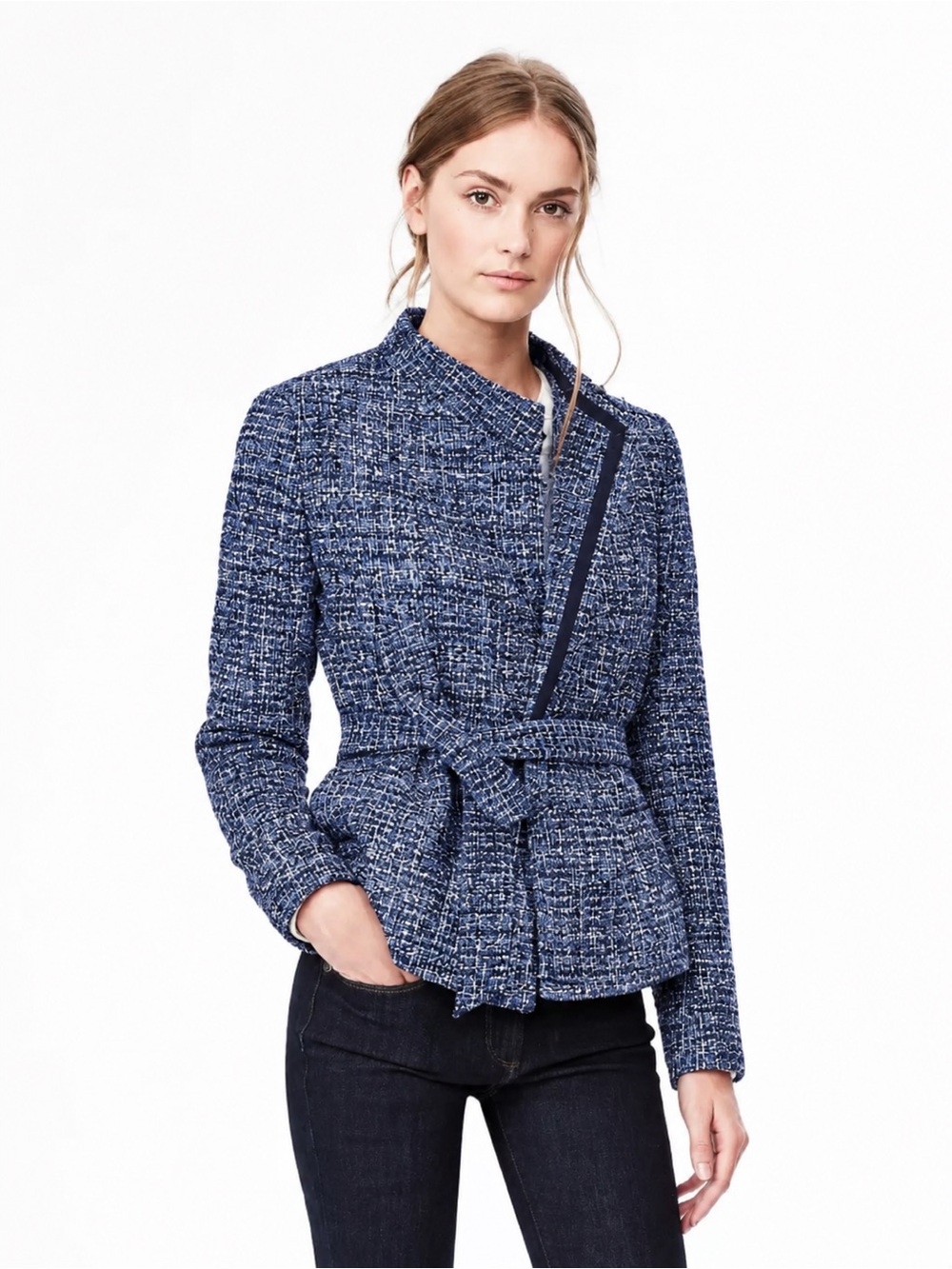 Banana Republic Raw Cut Wrap Navy & White Tweed Jacket Blazer Size 10